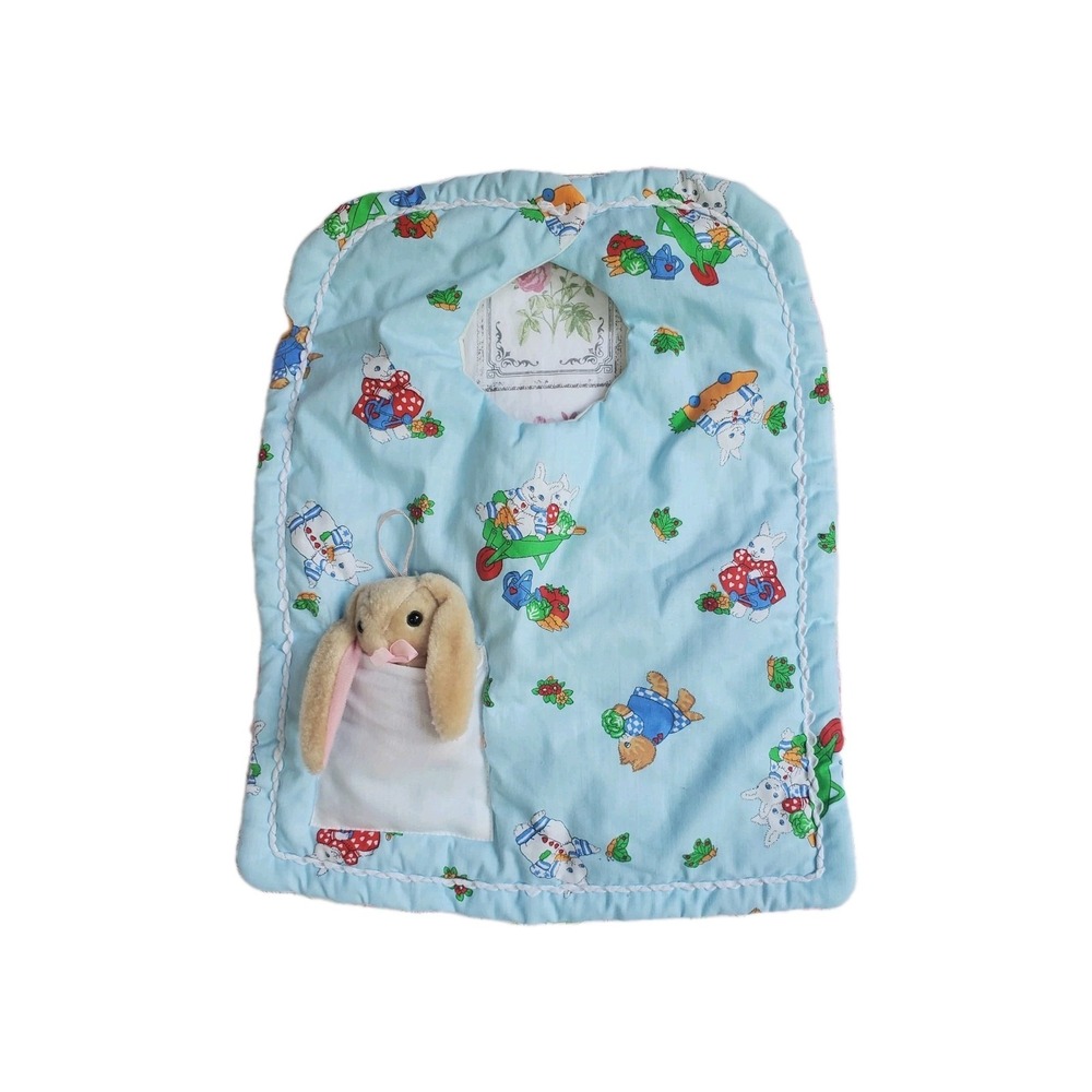 Vintage 90s Baby Bib Blue‎ Quilted Bunny Rabbit Pocket & Stuffed Toy